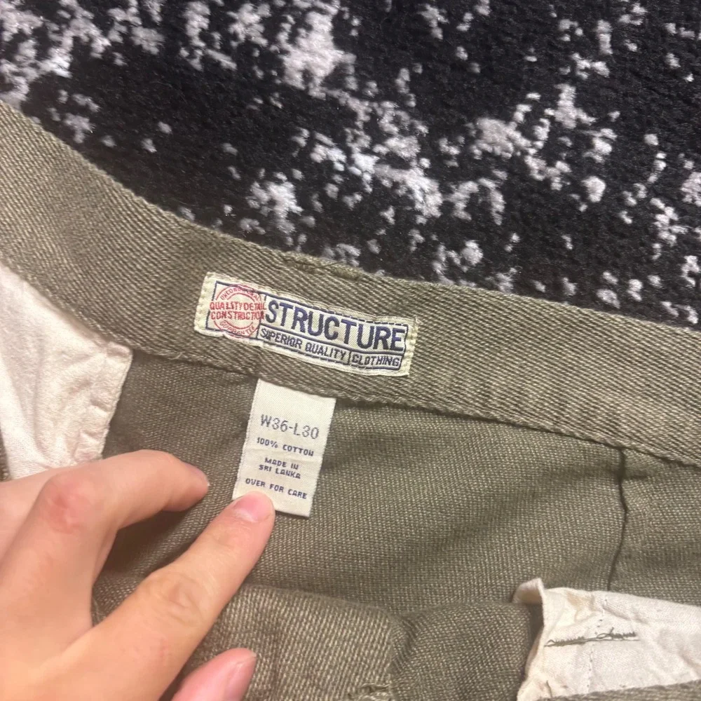 Vintage Structure Mens Olive Green Cargo Pants Wide Leg Cotton Twill 36x30